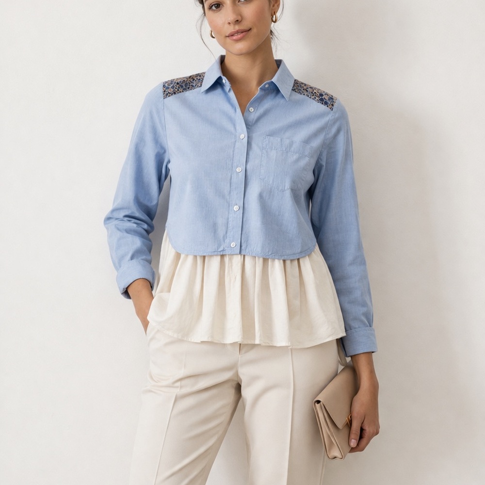 House of Harlow 1960 Blue Chambray Peplum Blouse Effortless chic editorial Sz M